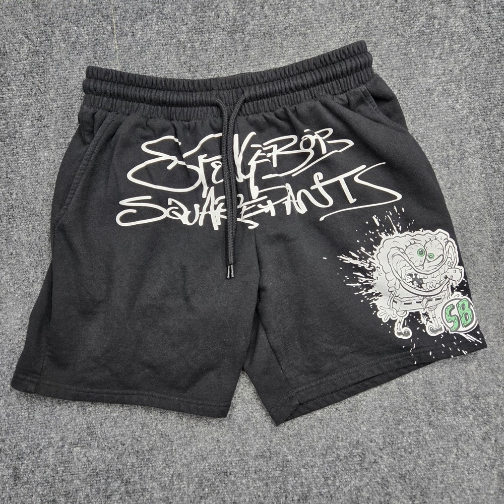 SpongeBob SquarePants Mens Medium W30 Black Fleece Shorts Mad Engine Graffiti